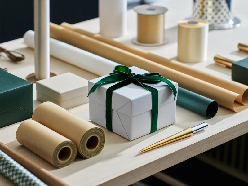 Geschenkstation mit Boxen, Papierrollen und Bandspulen auf hellem Holz im Fensterlicht