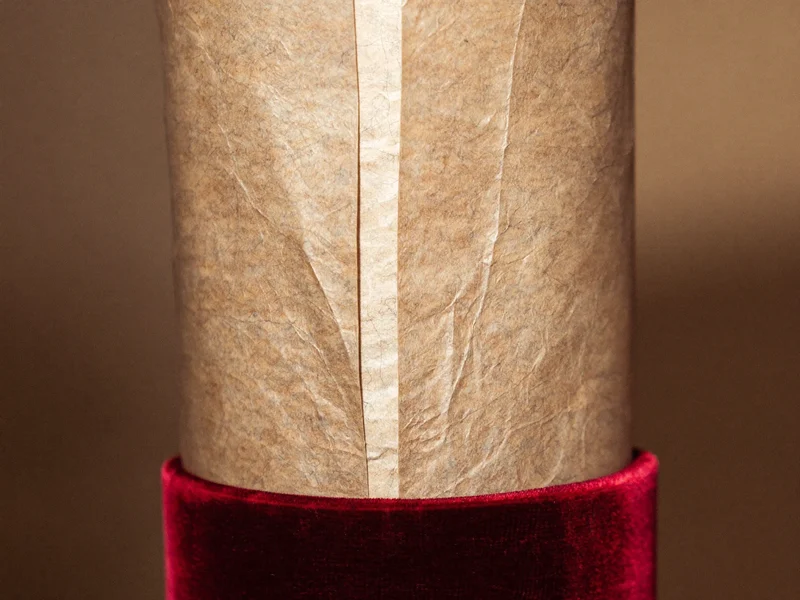 Nahaufnahme von Kraftpapier, Seidenpapier und Samtbandkante mit geringer Schärfentiefe