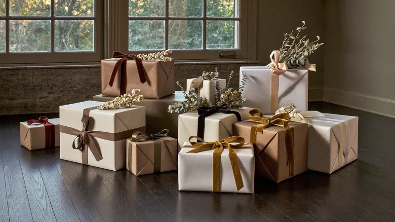 Fertig verpackte Geschenke mit Bändern und Zweigen am Fenster in warmem Licht
